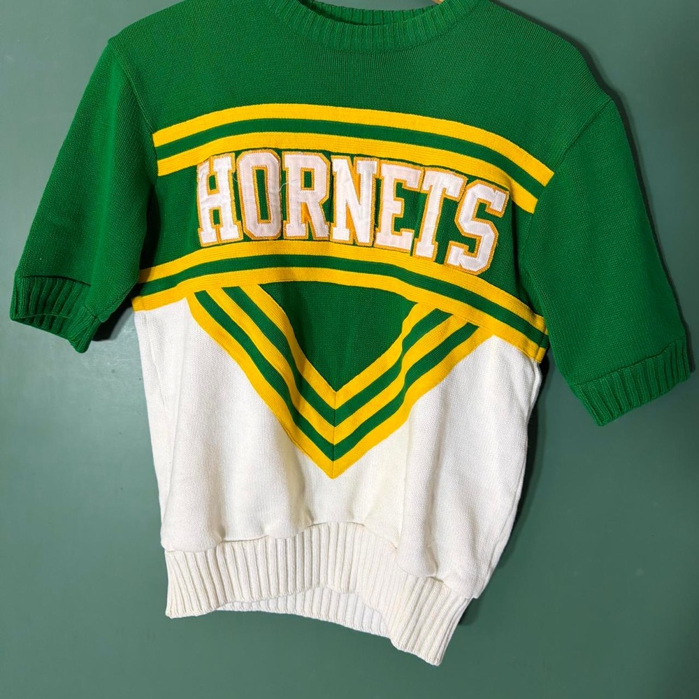 Dehen Vintage Hornets Cheerleader Skirt and Knit Sweater Set Green White Yellow